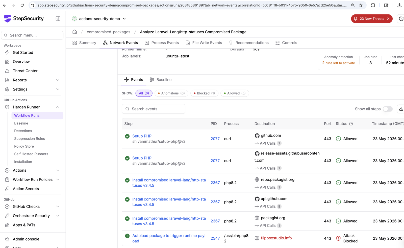Network events StepSecurity із трафіком Laravel-Lang payload до flipboxstudio info