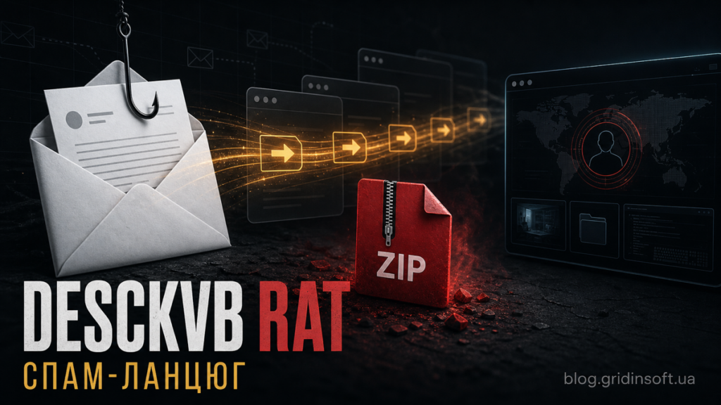 Ланцюг DesckVB RAT із поштовим редиректом і ZIP-пасткою.