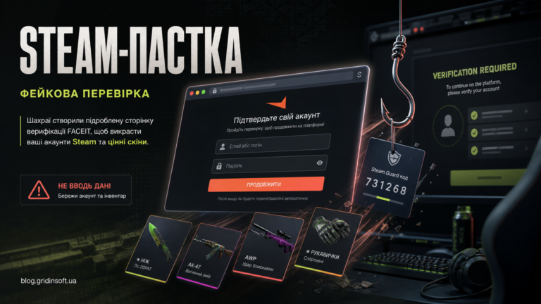 Фейкова перевірка FACEIT із підробленим Steam-входом, яка виманює код Steam Guard і CS2-предмети.