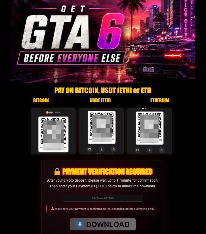 Фейковий екран GTA VI просить Bitcoin, USDT, Ethereum і ID транзакції.