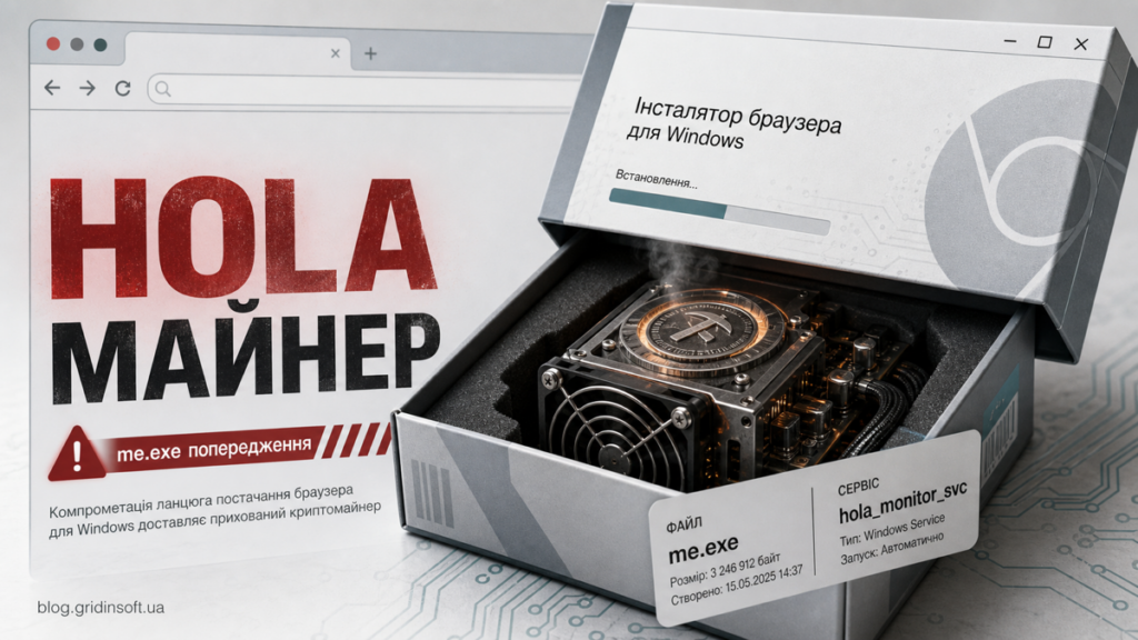 Редакційне зображення з попередженням про Hola Browser майнер, me.exe і hola_monitor_svc.