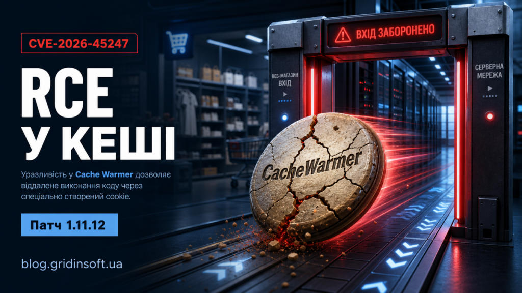 Зламаний cookie CacheWarmer проходить до серверної мережі магазину, символізуючи ризик RCE CVE-2026-45247.