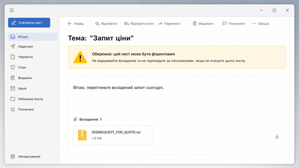 Макет фішингового листа із запитом ціни та підозрілим RAR-вкладенням.