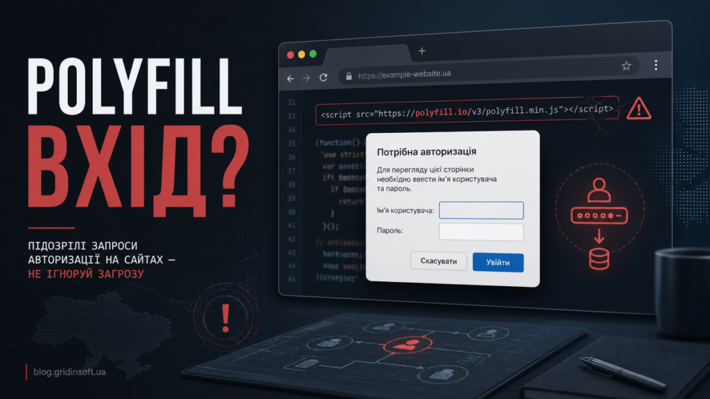 Підозріле вікно входу polyfill.io на сайті.