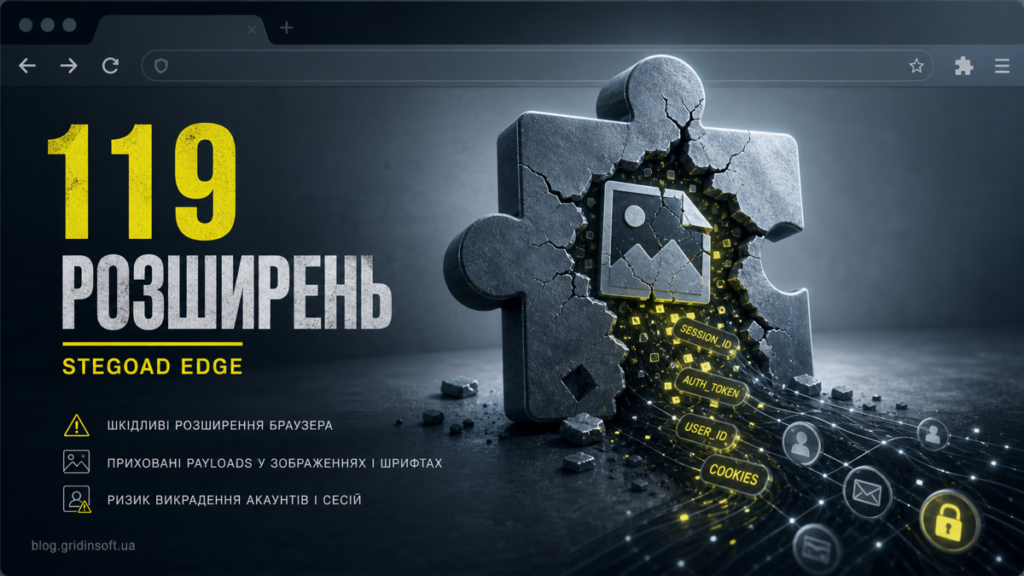Зламаний пазл розширення браузера з прихованими payloads і session cookies у кампанії StegoAd Edge.