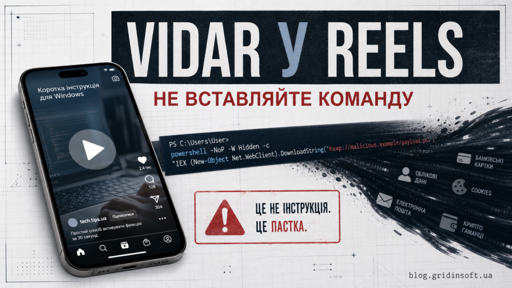TikTok та Instagram Reels PowerShell tutorial, що веде до крадіжки даних Vidar stealer