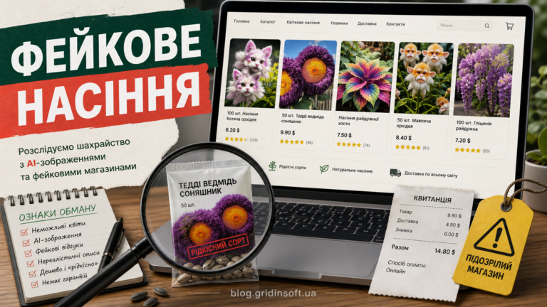 Ілюстрація розслідування з фейковими AI-зображеннями насіння квітів на сторінці маркетплейсу
