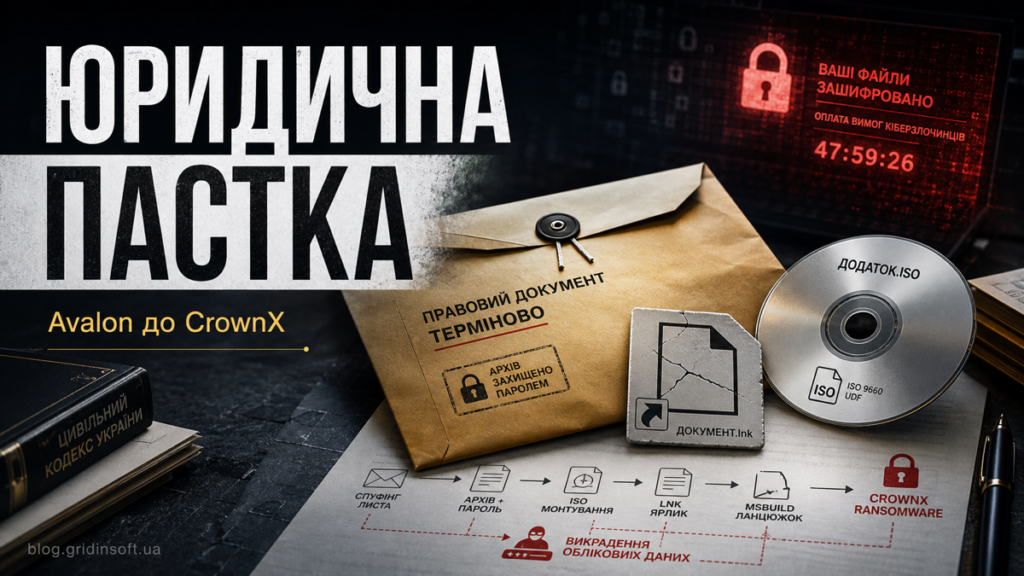Юридична приманка веде до ISO-образу, ярлика і попередження про CrownX ransomware.