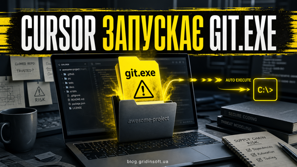 Файл git.exe запускається з клонованого репозиторію, відкритого в Cursor на Windows