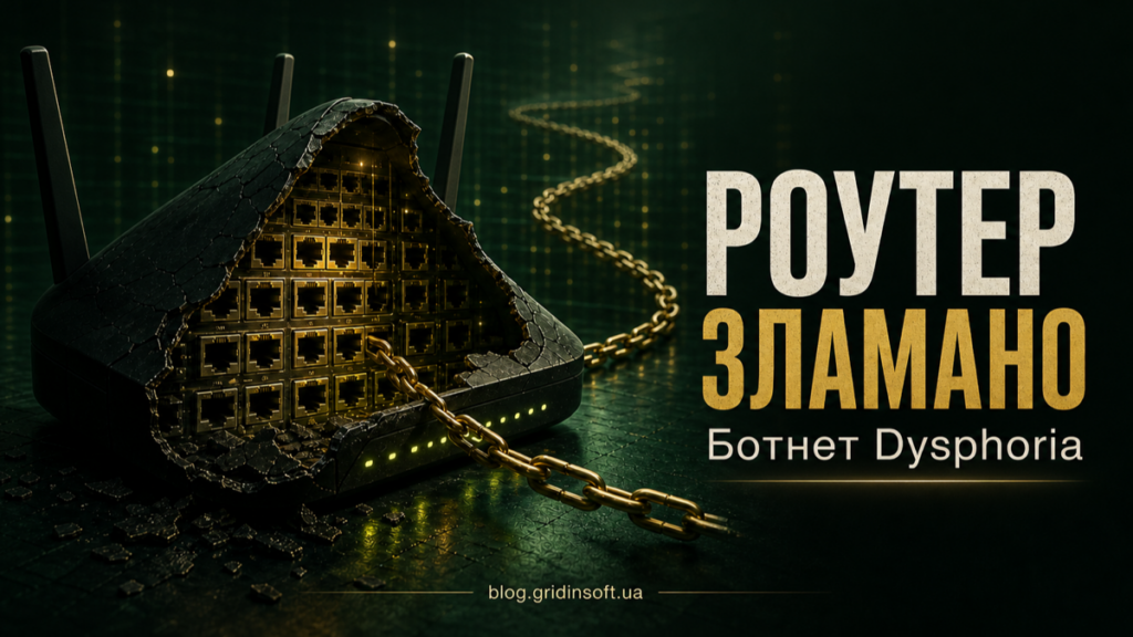 Зламаний роутер із рядами відкритих мережевих портів, приєднаний ланцюгом до ботнета Dysphoria.