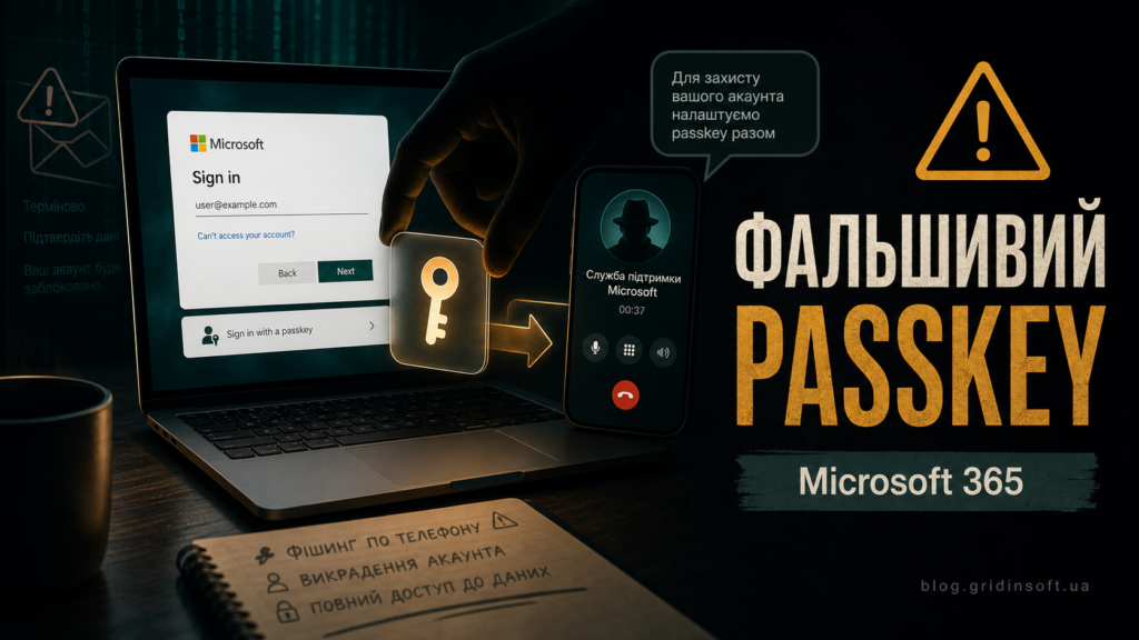 Фальшиве налаштування passkey Microsoft 365 через телефонний дзвінок і форму входу.