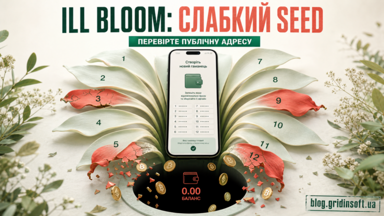 Мобільний криптогаманець із зів’ялими пелюстками seed-фрази як образ вразливості Ill Bloom.