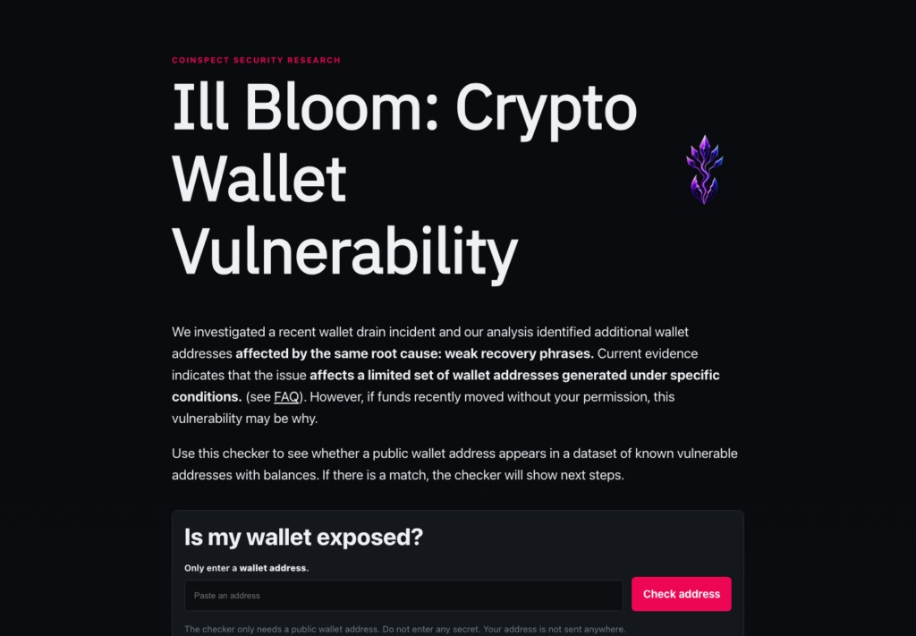 Сторінка Ill Bloom просить публічну адресу й застерігає не вводити seed-фразу та приватні ключі.