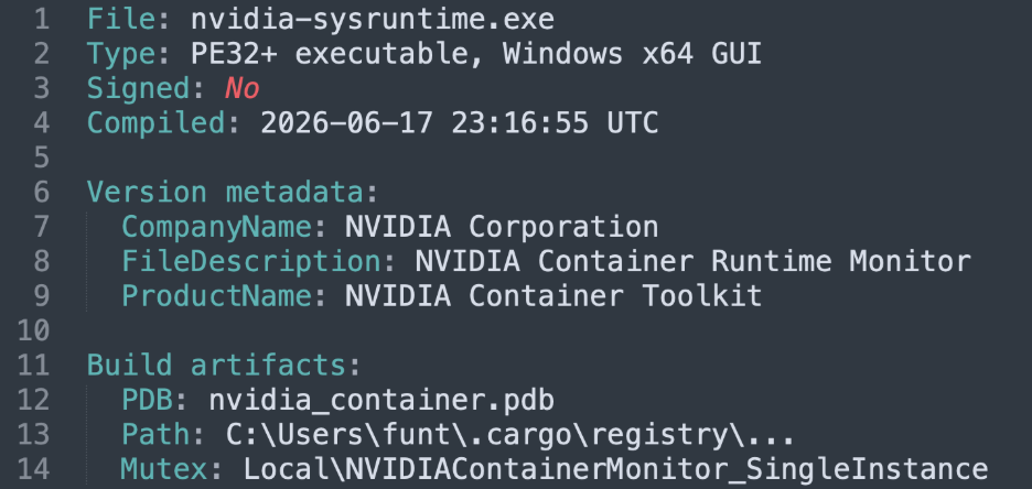 Аналіз nvidia-sysruntime.exe показує непідписаний файл із NVIDIA-подібними version metadata