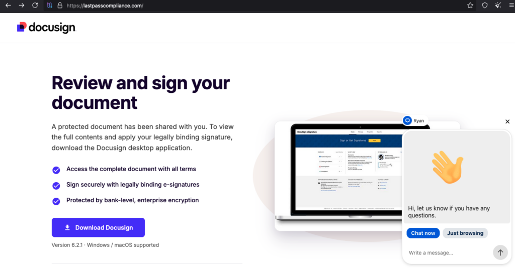Фальшива сторінка завантаження DocuSign на lookalike-домені lastpasscompliance