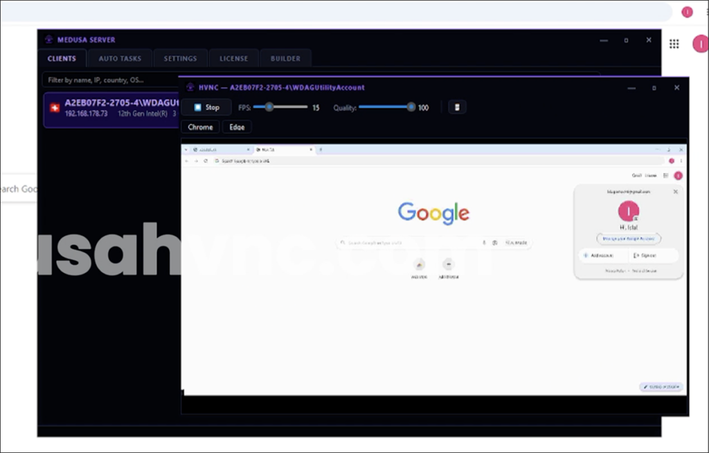 Панель оператора MedusaHVNC з Chrome, відкритим усередині прихованого робочого столу.
