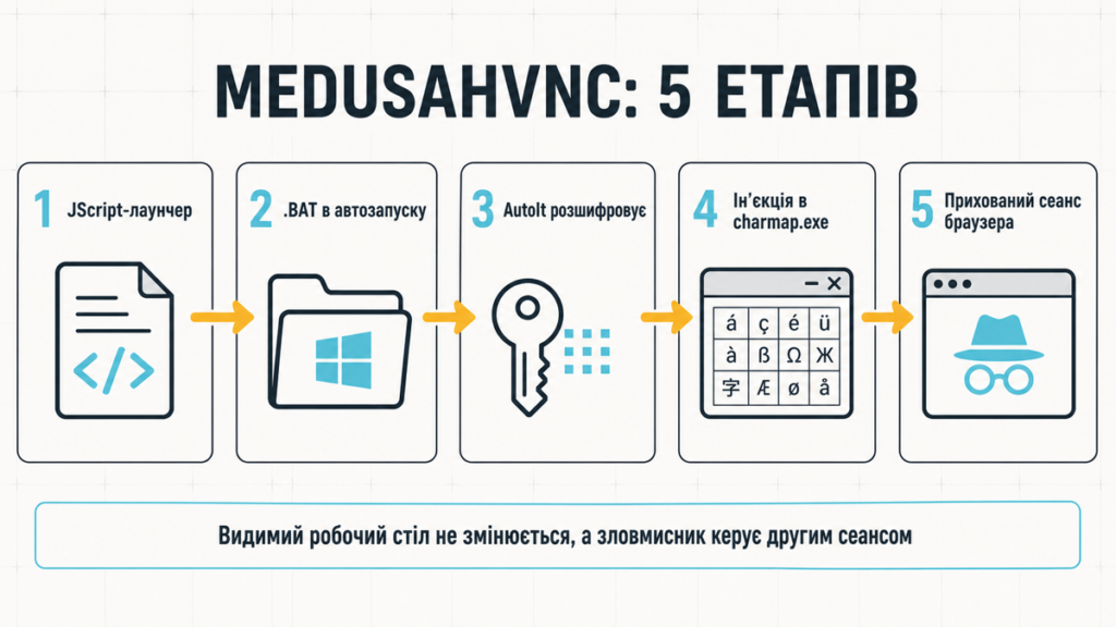 П’ять етапів MedusaHVNC: JScript, BAT-файл в автозапуску, розшифрування AutoIt, ін’єкція в charmap.exe і прихований сеанс браузера.