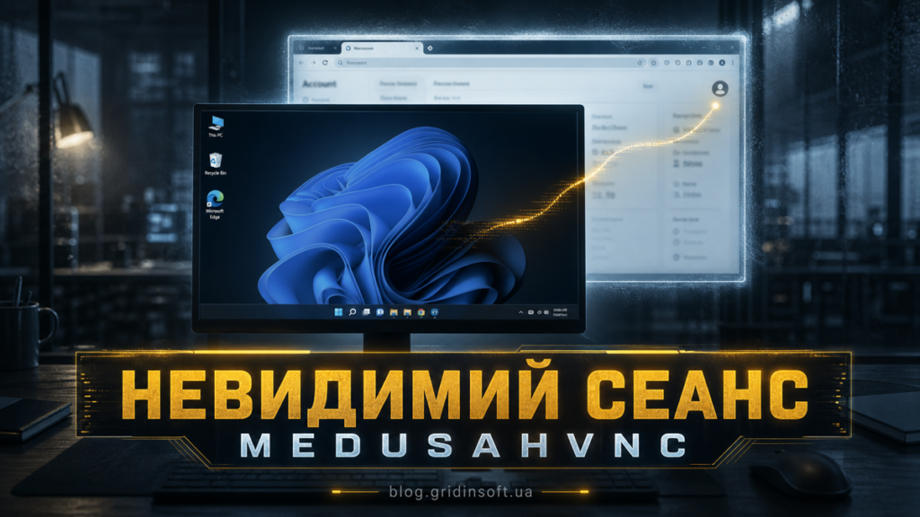 Видимий робочий стіл Windows перед прихованим авторизованим сеансом браузера, яким керує MedusaHVNC.