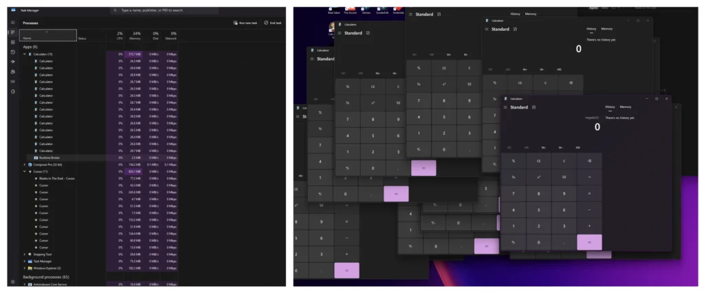Task Manager і повторні вікна Calculator з безпечної демонстрації Cursor git.exe