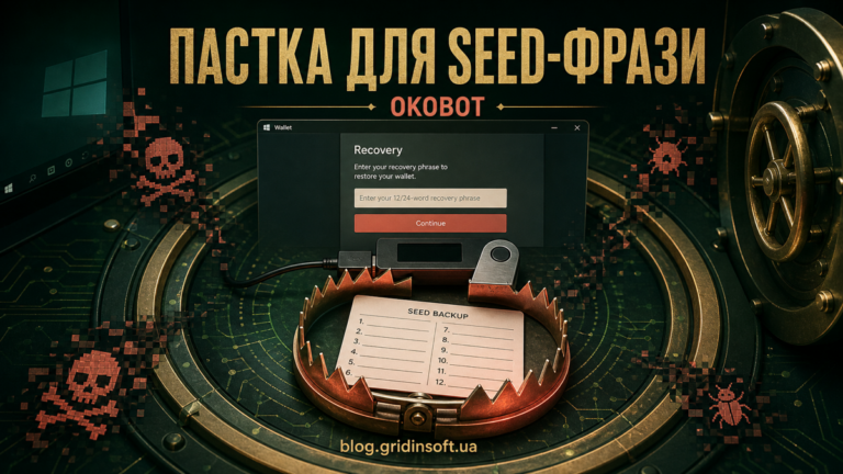 Пастка OkoBot навколо seed-фрази апаратного криптогаманця у Windows.