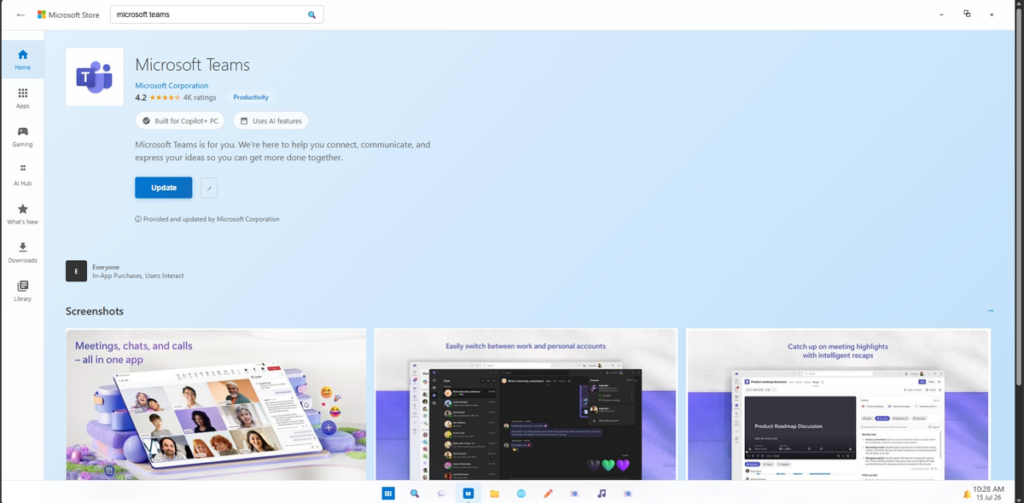 Підроблена сторінка Microsoft Store із кнопкою оновлення Microsoft Teams.