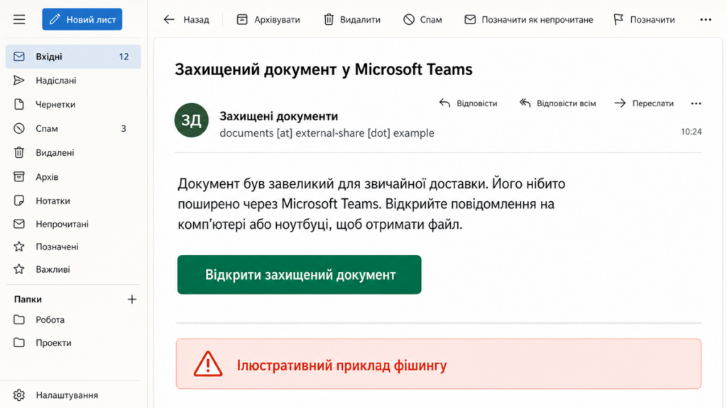 Приклад листа про захищений документ у Microsoft Teams із кнопкою для відкриття файлу.