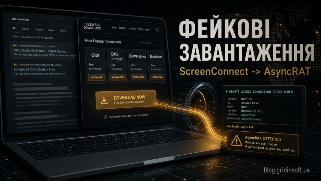 Фейкова сторінка завантаження, що веде до сесії ScreenConnect і попередження AsyncRAT.