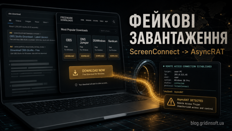 Фейкова сторінка завантаження, що веде до сесії ScreenConnect і попередження AsyncRAT.