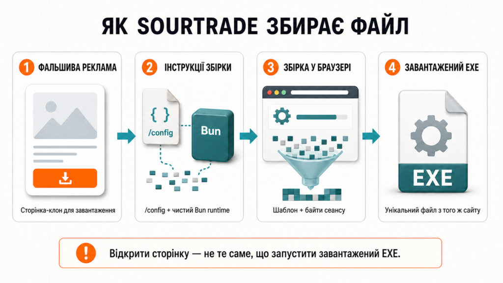 Чотири етапи SourTrade від фальшивої реклами до складання у браузері та завантаженого Windows EXE.