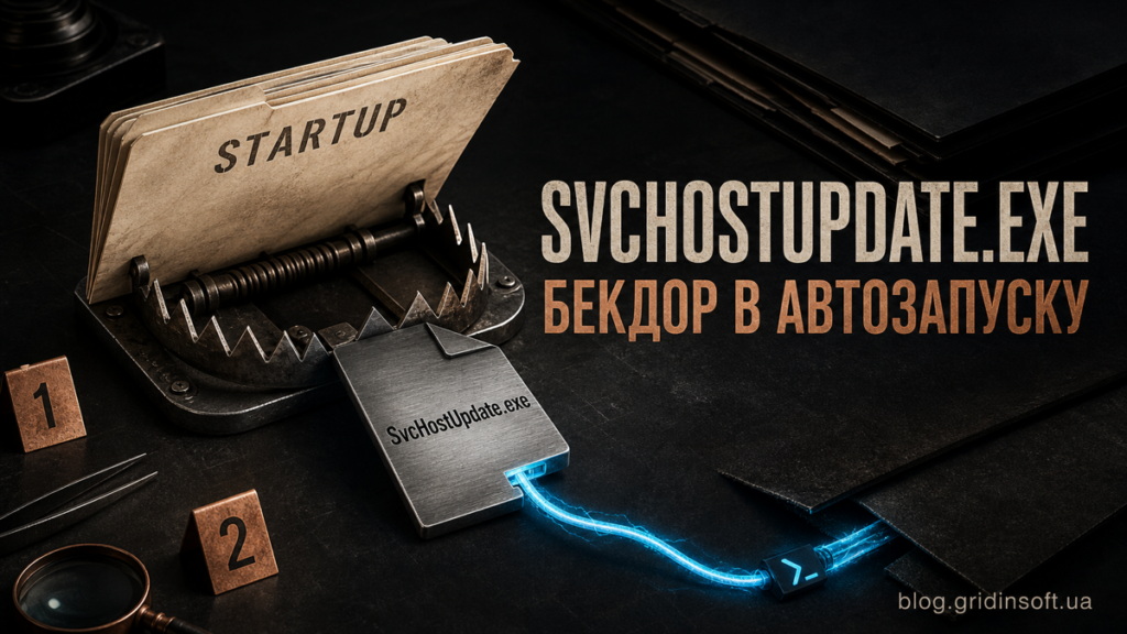 Підроблений файл SvcHostUpdate.exe затягує пастка автозапуску Windows через прихований кабель PowerShell.