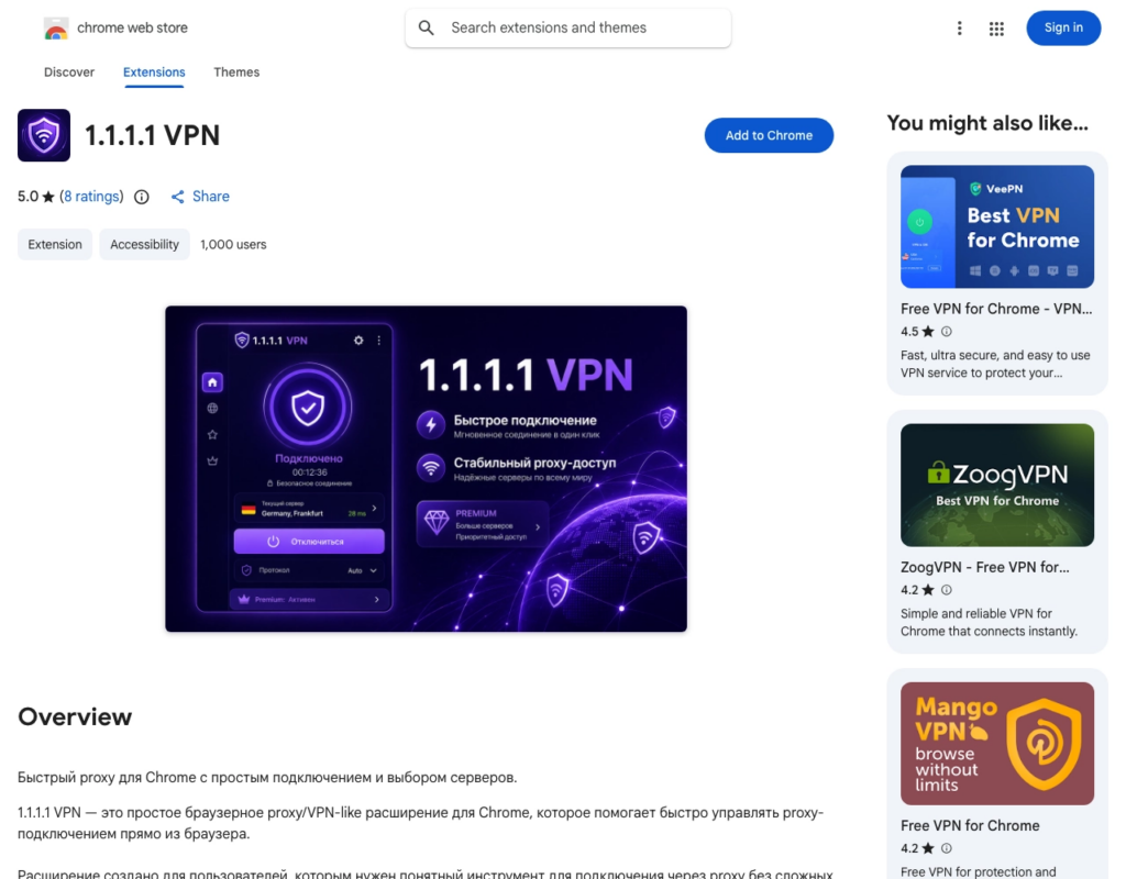 Сторінка фальшивого VPN-розширення 1.1.1.1 у Chrome Web Store, що копіює Cloudflare.