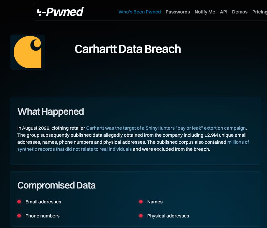 Have I Been Pwned вказує 12,9 млн акаунтів Carhartt і розкриті поля: email, імена, номери телефонів та фізичні адреси.