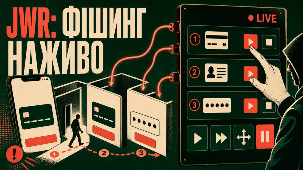 Оператор злочинців веде телефон через етапи фішингового checkout JWR.