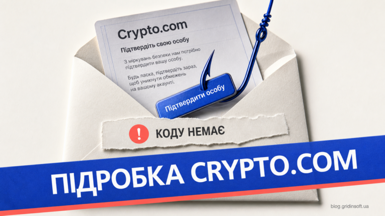 Конверт із фішинговим гачком та попередженням про відсутній Anti-Phishing Code у листі Crypto.com.