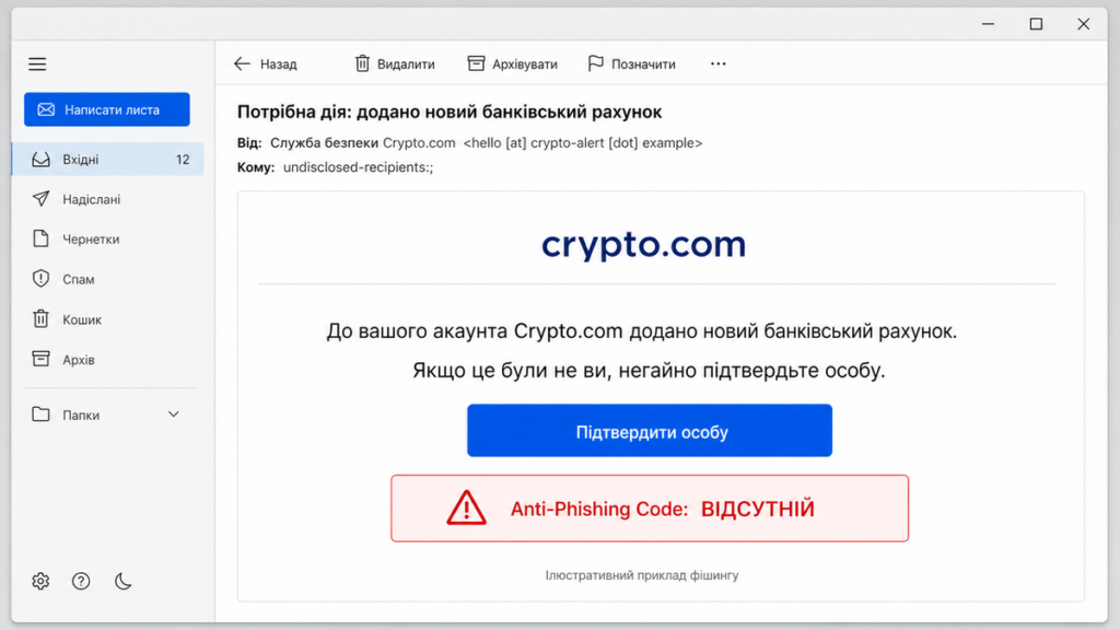 Ілюстративний фішинговий лист Crypto.com про доданий банківський рахунок із відсутнім Anti-Phishing Code.