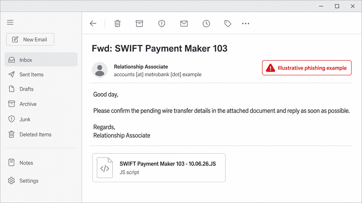 Безпечна ілюстрація фальшивого пересланого SWIFT-листа із вкладенням JScript