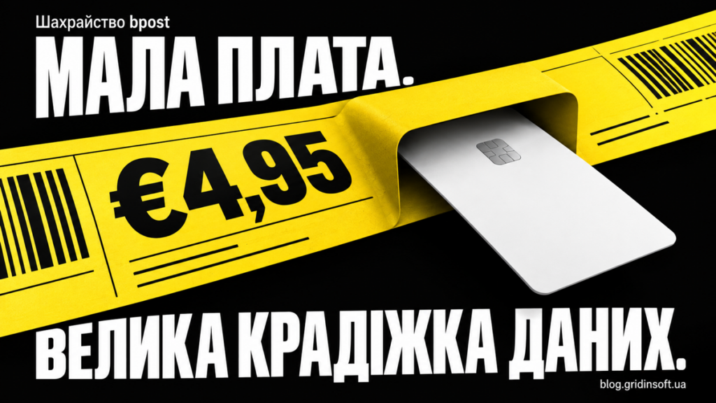 Поштова етикетка із сумою €4,95 поглинає банківську картку.