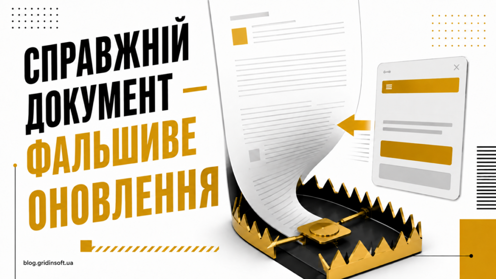 Складений білий документ перетворюється на чорно-золоту пастку поруч із написом Справжній документ — фальшиве оновлення