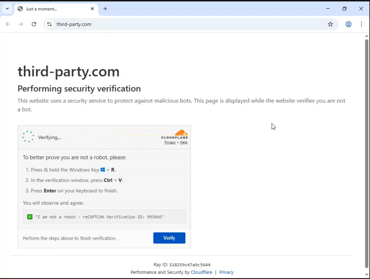Фальшива перевірка Cloudflare на third-party.com просить відкрити вікно «Виконати» та вставити команду.
