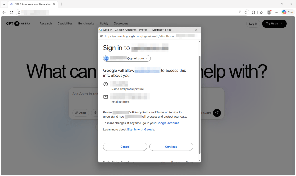 Екран згоди Google поверх імітації ШІ-сервісу запитує дані профілю та електронну адресу.