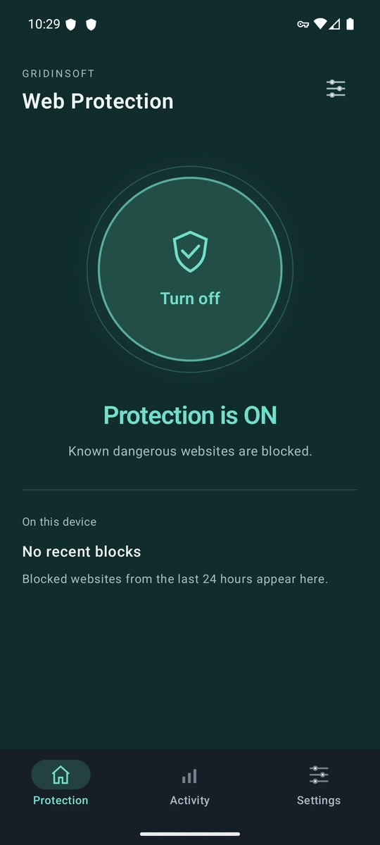 Увімкнений Web Protection на Android