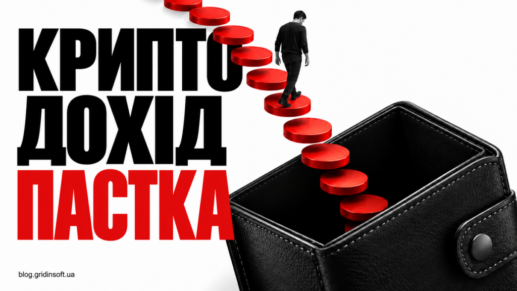Червоні сходинки з монет ведуть усередину чорного гаманця під написом Криптодохід — пастка.