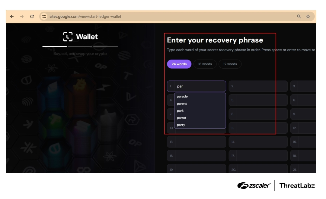 Підроблена форма фрази відновлення Ledger на Google Sites із підказками слів BIP-39.