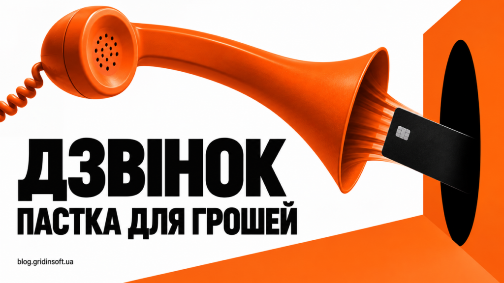 Помаранчева телефонна слухавка затягує банківську картку в пастку.