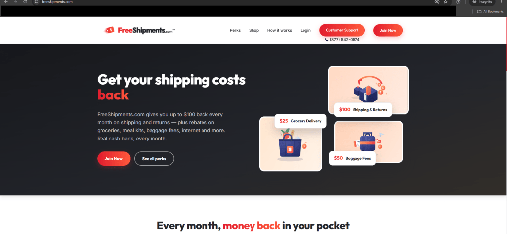 Сайт FreeShipments із пропозицією повернути витрати на доставку та повернення товарів.