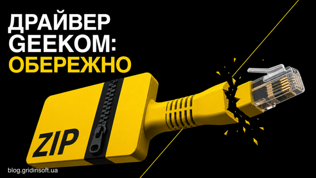 Жовтий ZIP-архів розпадається на чорний Ethernet-кабель під написом Драйвер GEEKOM: обережно.