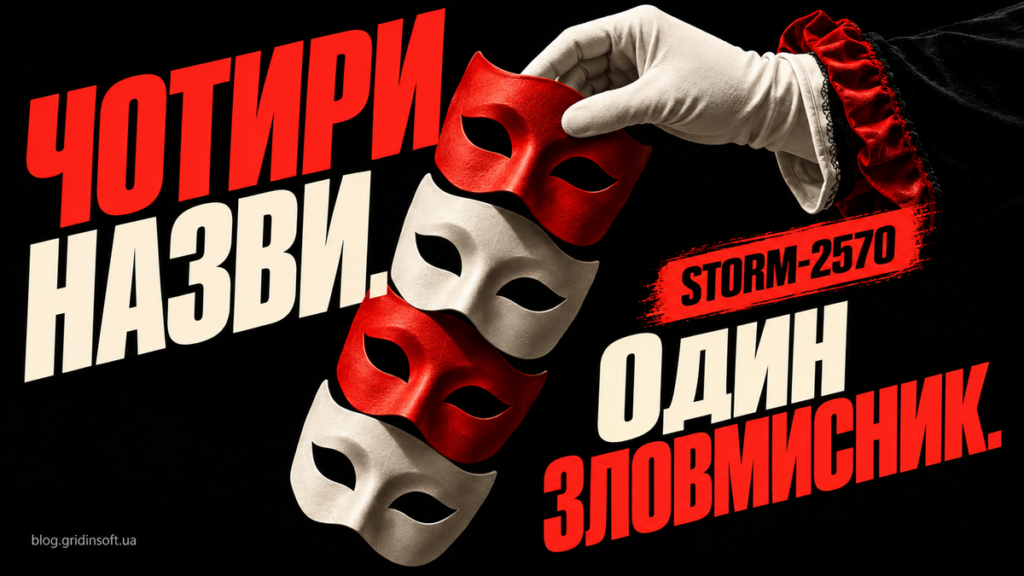Одна рука тримає чотири маски — Storm-2570 використовує різні програми-вимагачі.