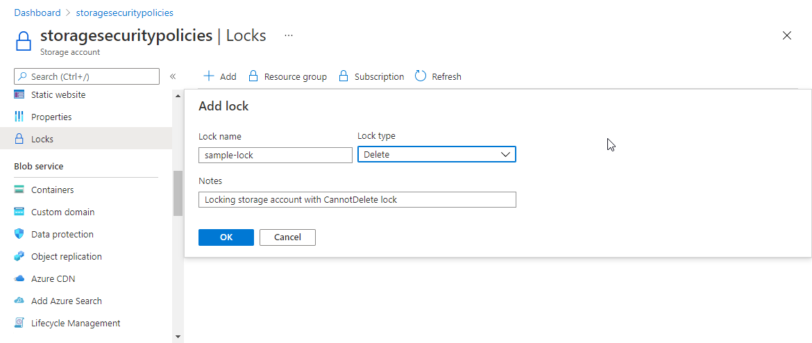 Приклад блокування видалення сховища Azure в Microsoft Learn.