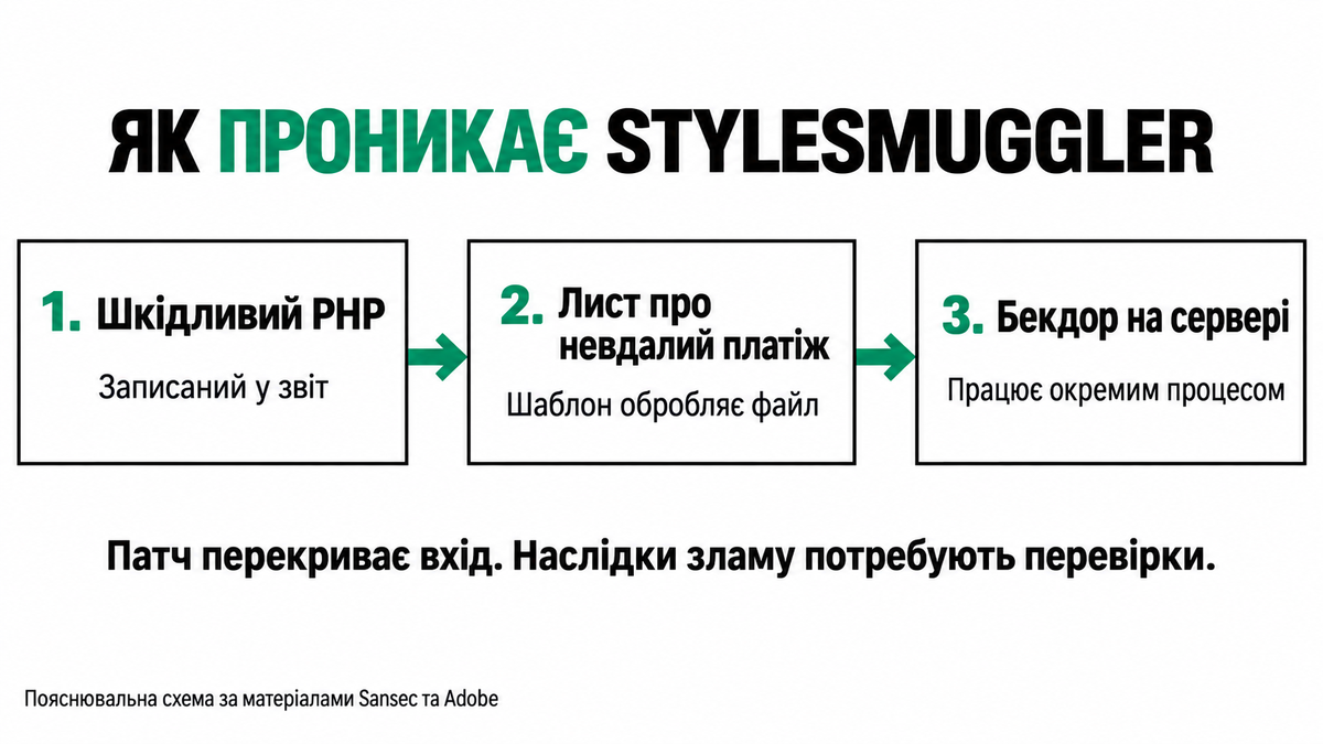 Послідовність StyleSmuggler: шкідливий PHP, лист про невдалий платіж, окремий бекдор на сервері.