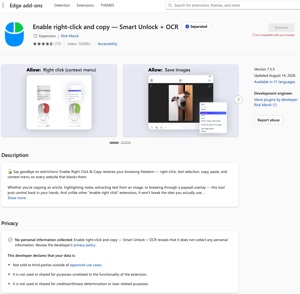 Сторінка Edge Add-ons розширення Enable Right Click and Copy Smart Unlock plus OCR